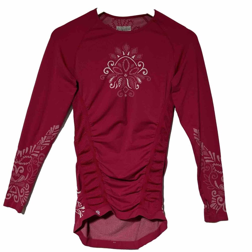 Athleta Womens Ruched Fitted Athletic Yoga Top Medium Long Sleeve Pink/White